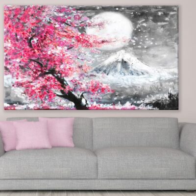 Snow Cherry Blossom Mountain View Painting Print 100% Australian Made
