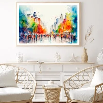 Jazzy, Lively, Colorful Water Color Painting of a Downtown City Home Decor Premium Quality Poster Print Choose Your Sizes