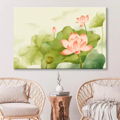 Painting Of a Pink Lotus Flower and Green Leaves Wall Art Decor 100% Australian Made