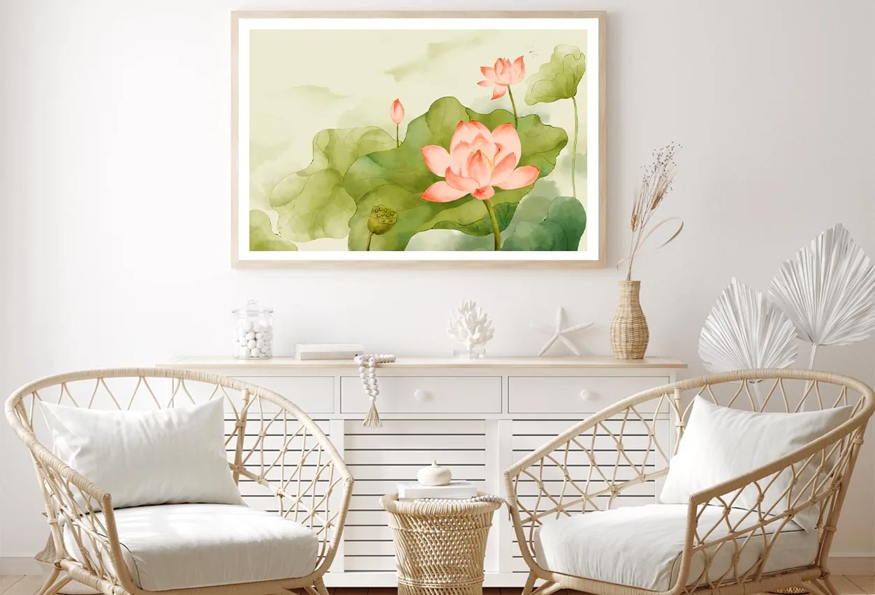 Painting Of a Pink Lotus Flower and Green Leaves Home Decor Premium Quality Poster Print Choose Your Sizes - Image 2