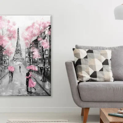 Eiffel Tower Street Couples Walking Floral Painting Print 100% Australian Made