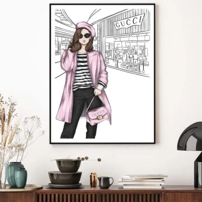 Pink Stylish Lady with Elegant Handbag Design Home Decor Premium Quality Poster Print Choose Your Sizes