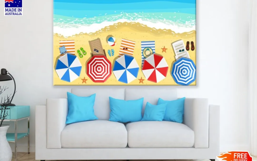 Beach Huts & Sea Vector Art Print 100% Australian Made
