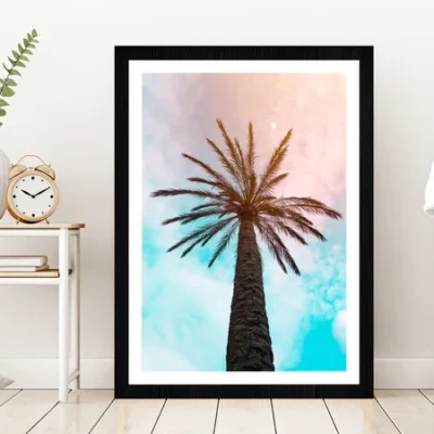 Palm Trees & Blue Pink Sky Scenery Photograph Glass Framed Wall Art, Ready to Hang Quality Print