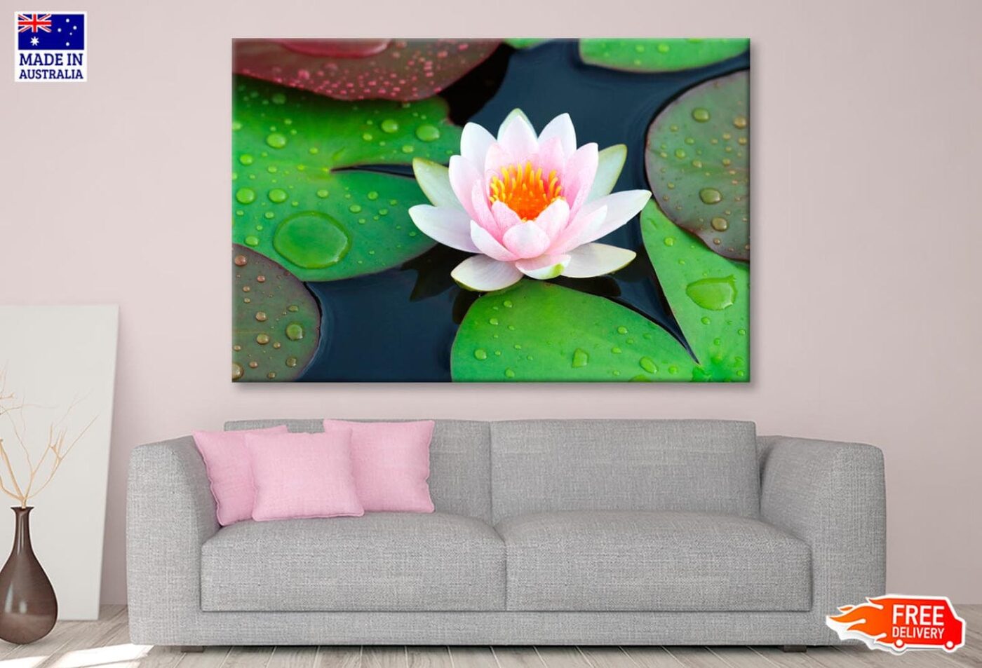 Pink Water Lily in A Pond with Green Leaves Wall Art Decor 100% Australian Made - Image 2