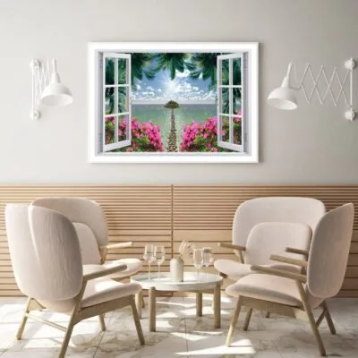 Flowers & Sea Scenery Window View Home Decor Premium Quality Poster Print Choose Your Sizes