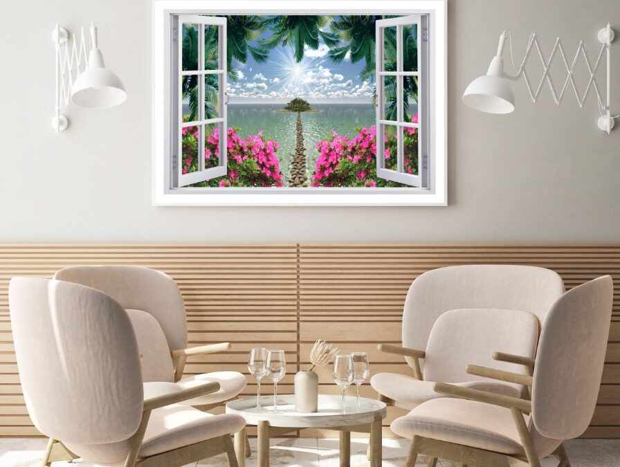 Flowers & Sea Scenery Window View Home Decor Premium Quality Poster Print Choose Your Sizes