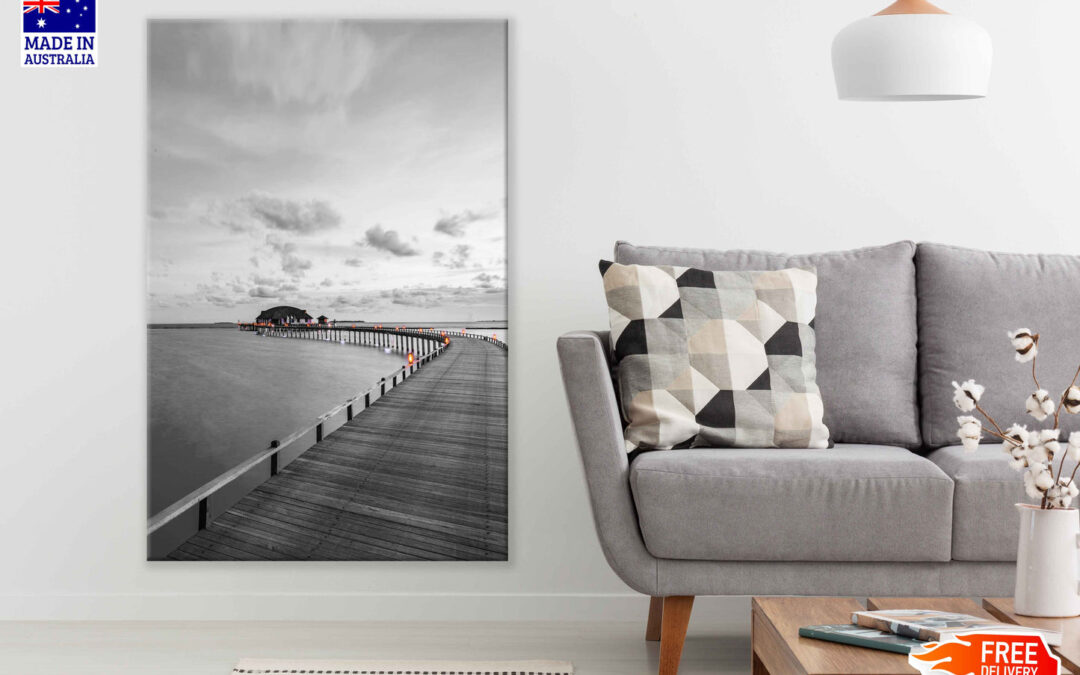 Wooden Pier Villas on Sea B&W Photograph Print 100% Australian Made