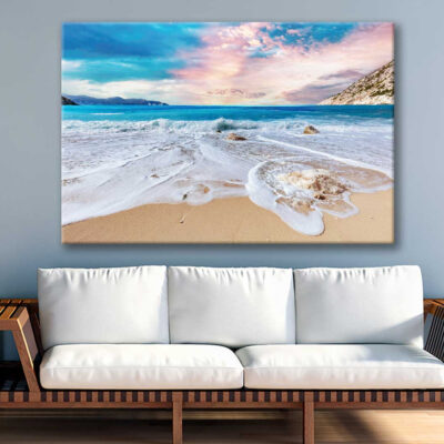 Bella Home Myrtos Seawaves With Pink & Blue Sky Print Canvas Ready to hang