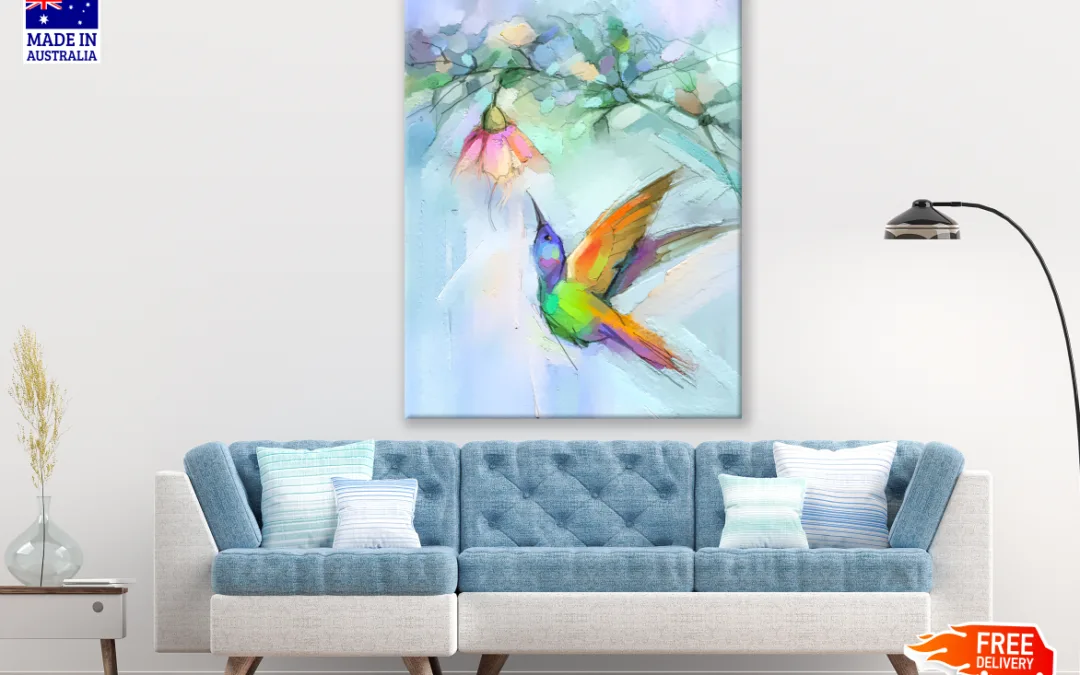 Humming Bird Flying Around Flower Painting Print 100% Australian Made