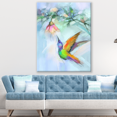 Humming Bird Flying Around Flower Painting Print 100% Australian Made