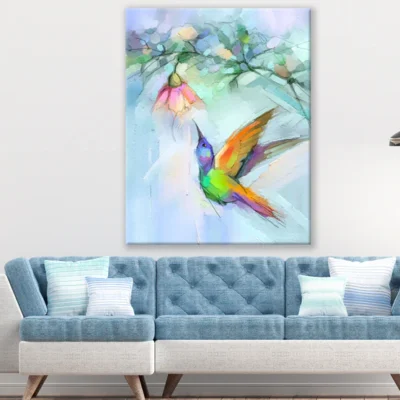 Humming Bird Flying Around Flower Painting Print 100% Australian Made