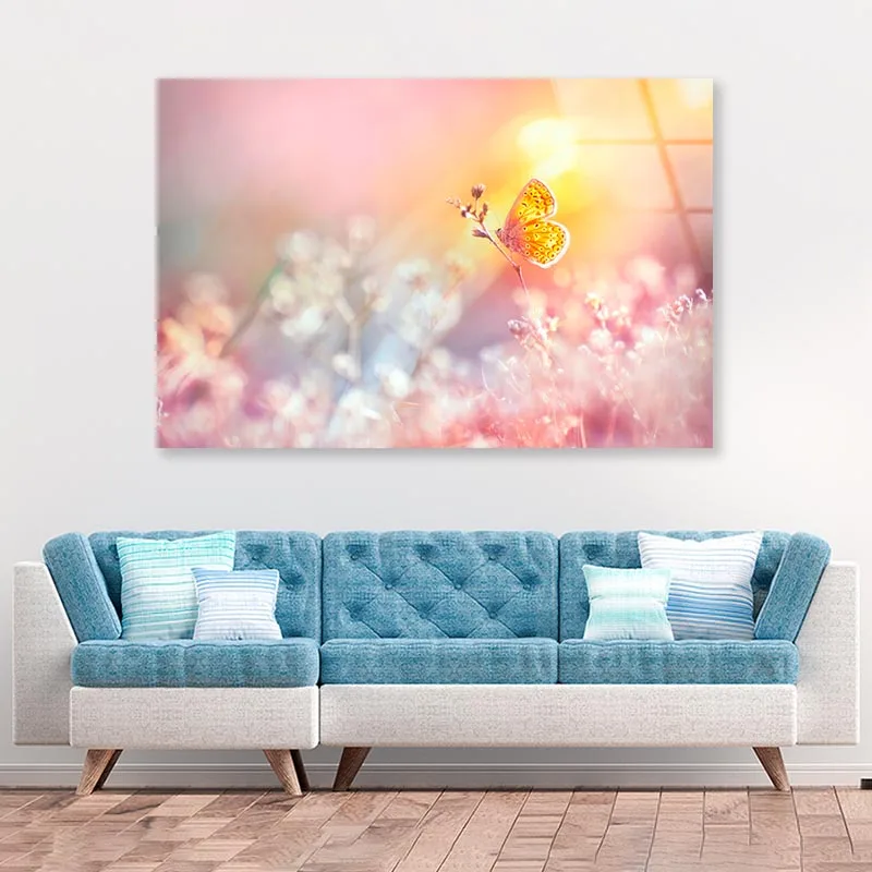 Golden Butterfly Glows in The Sun at Sunset Acrylic Glass Print Tempered Glass Wall Art 100% Made in Australia Ready to Hang - Image 2
