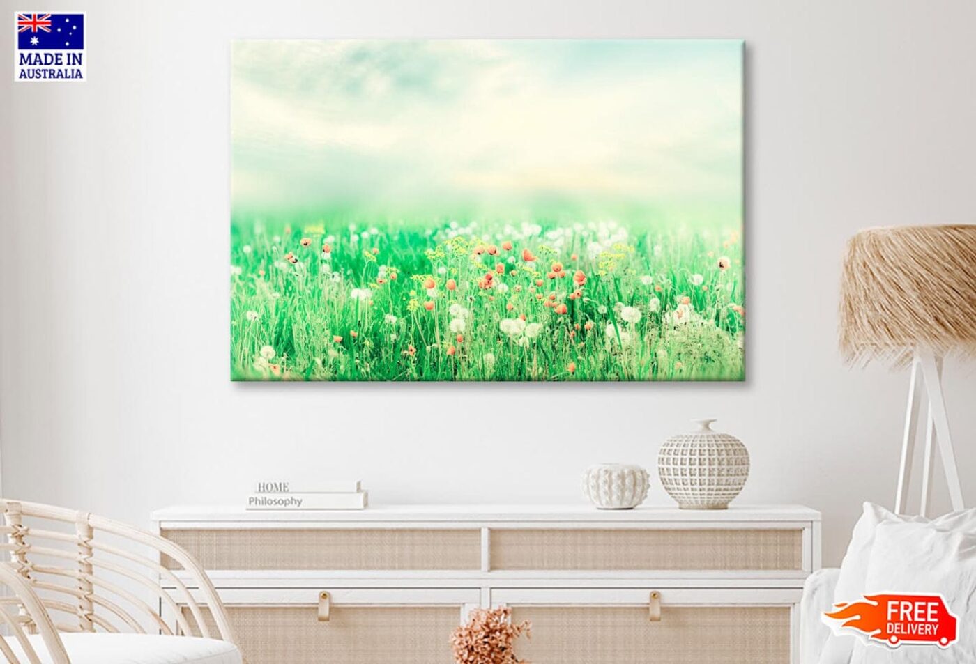Beautiful Vintage Summer Landscape with Sun and Flowers Wall Art Decor 100% Australian Made