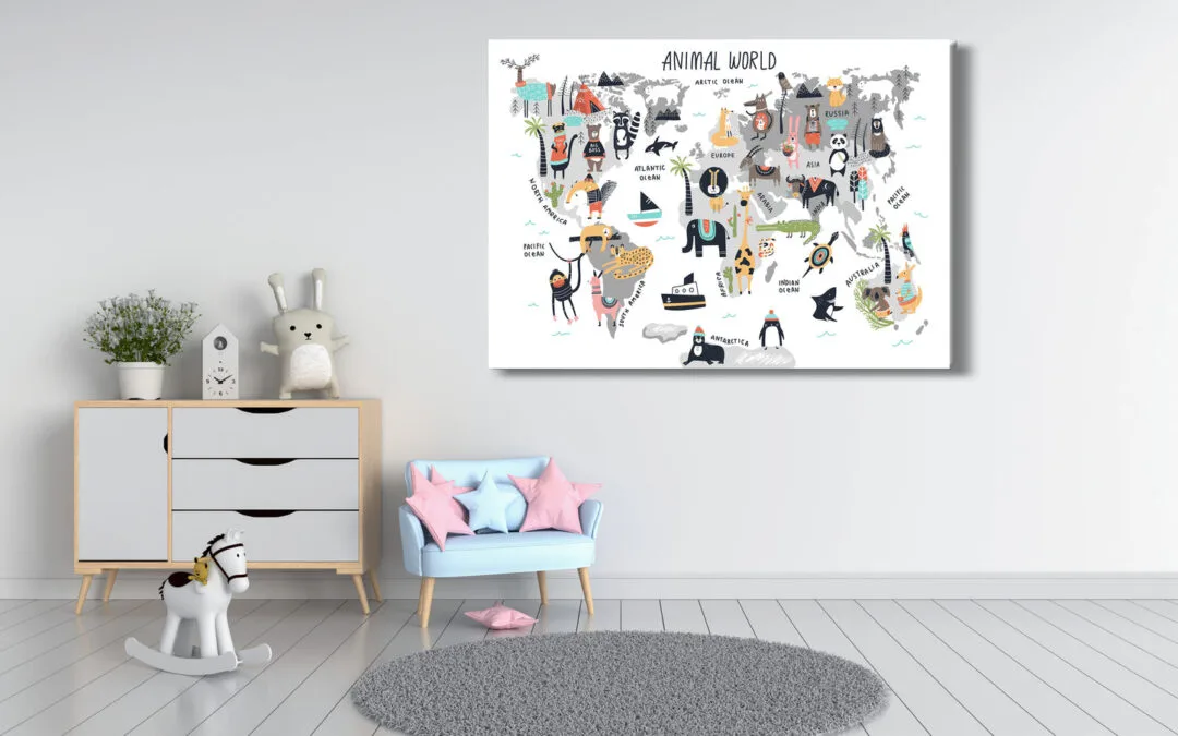 Kids Animal’s World Map Art Print 100% Australian Made