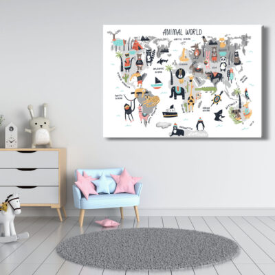 Kids Animal's World Map Art Print 100% Australian Made