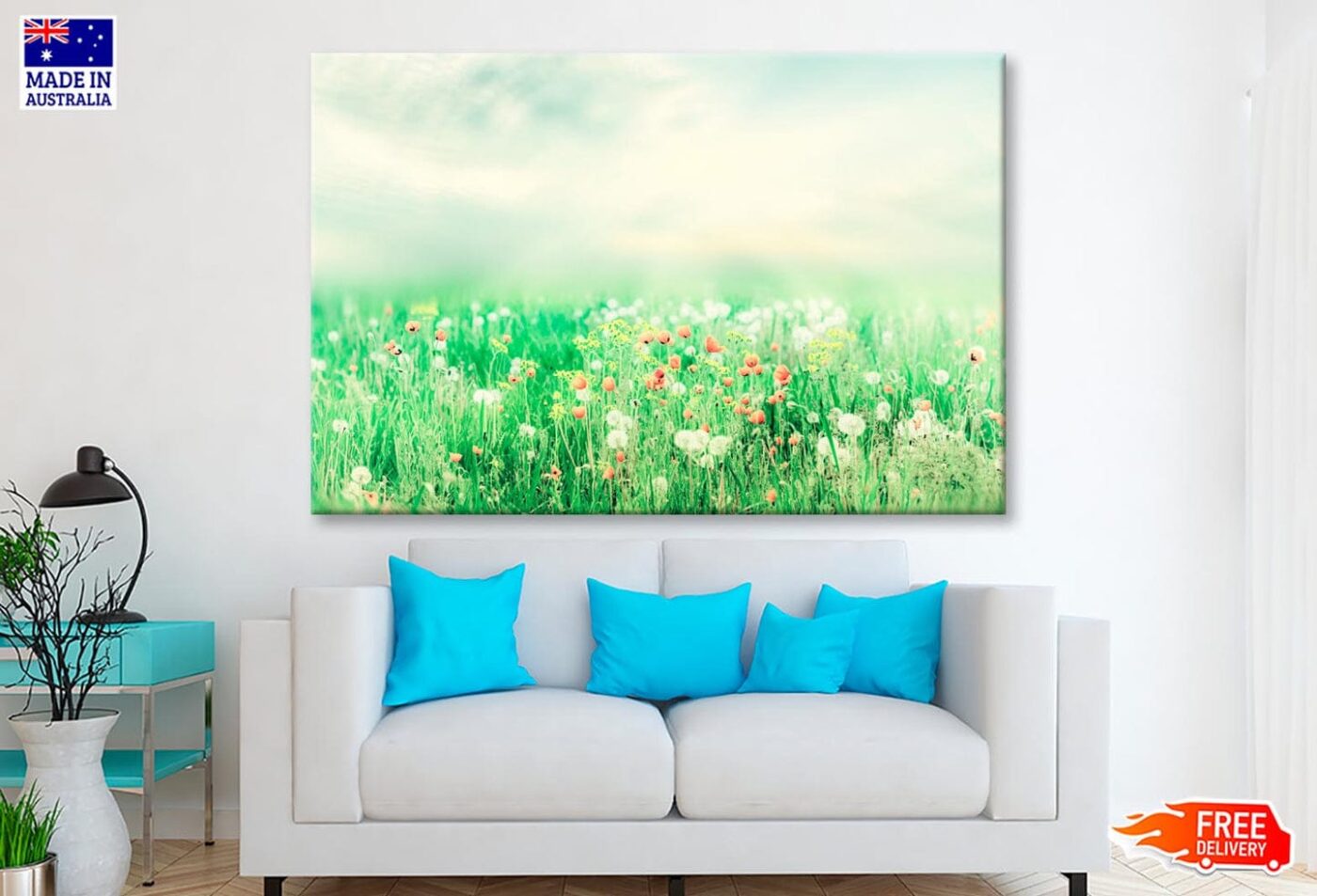 Beautiful Vintage Summer Landscape with Sun and Flowers Wall Art Decor 100% Australian Made - Image 2