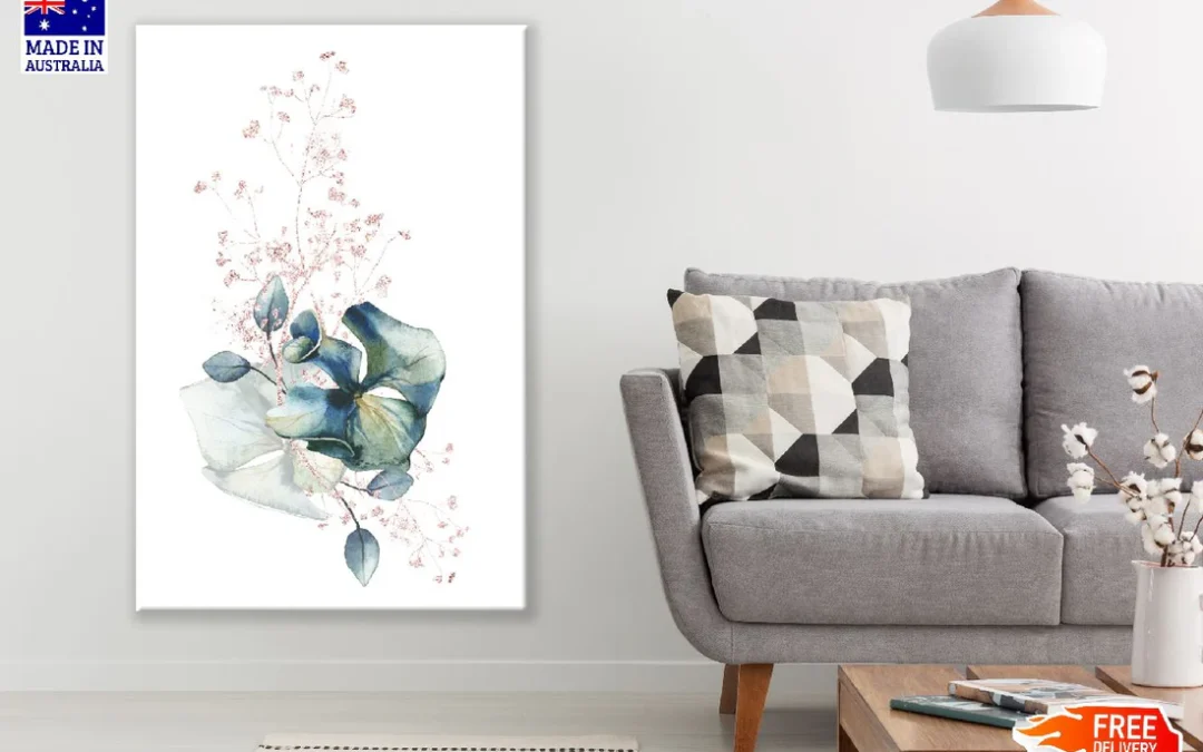 Leaves & Blue Flowers Watercolor Line Art Design Print 100% Australian Made