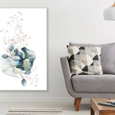 Leaves & Blue Flowers Watercolor Line Art Design Print 100% Australian Made