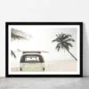 Surf Board on Vintage Van & Palm Tree near Sea Glass Framed Wall Art, Ready to Hang Quality Print