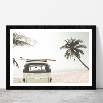 Surf Board on Vintage Van & Palm Tree near Sea Glass Framed Wall Art, Ready to Hang Quality Print
