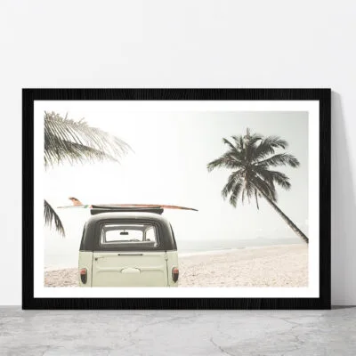 Surf Board on Vintage Van & Palm Tree near Sea Glass Framed Wall Art, Ready to Hang Quality Print