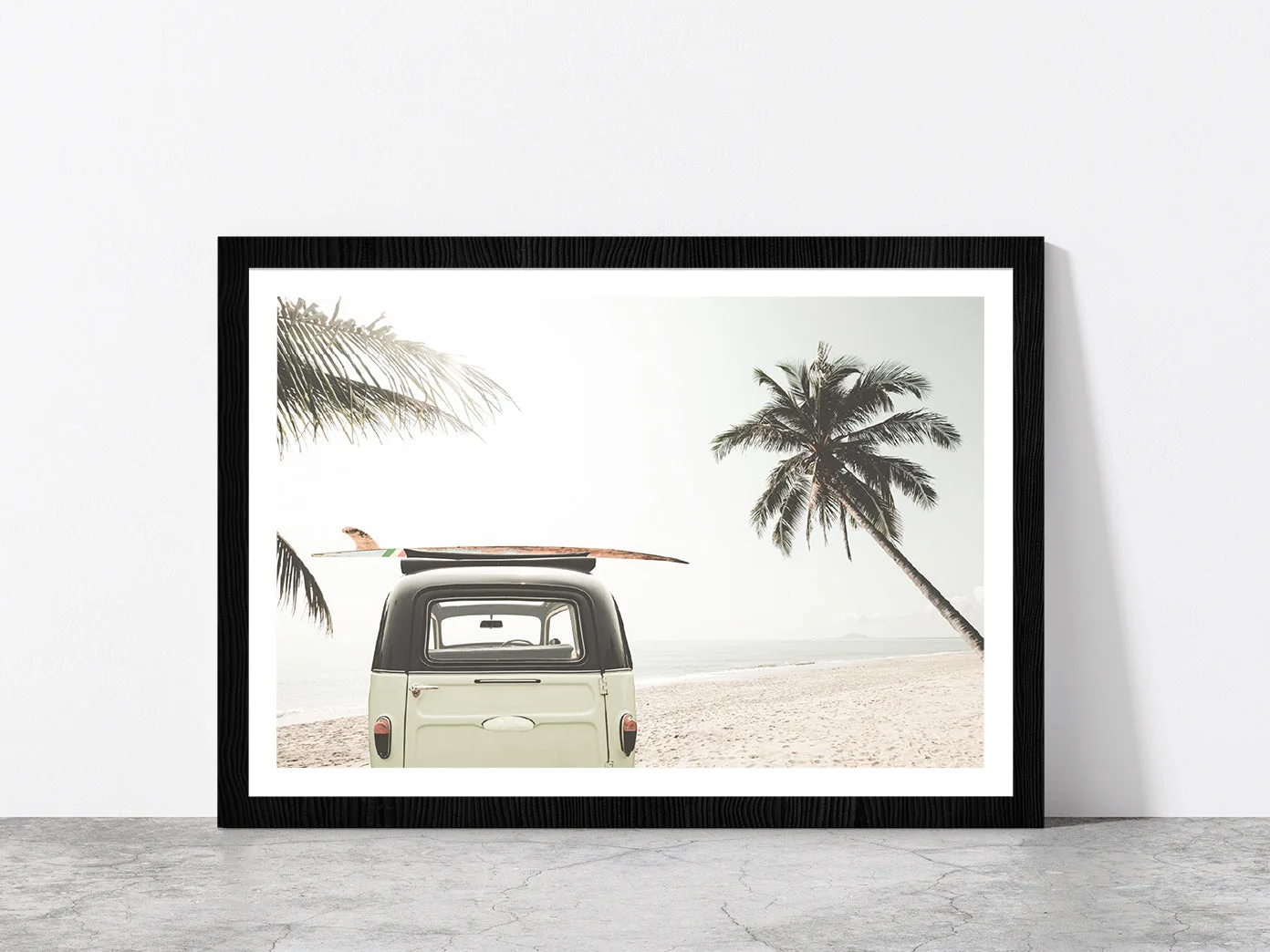 Surf Board on Vintage Van & Palm Tree near Sea Glass Framed Wall Art, Ready to Hang Quality Print