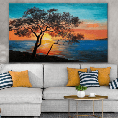 Tree Near Beach Sunset Painting Print 100% Australian Made