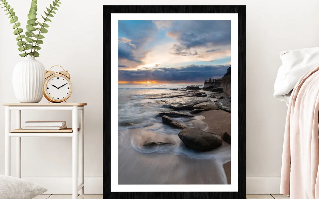 Sunrise View Of Rocky Coastline Glass Framed Wall Art, Ready to Hang Quality Print