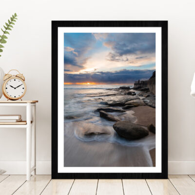 Sunrise View Of Rocky Coastline Glass Framed Wall Art, Ready to Hang Quality Print