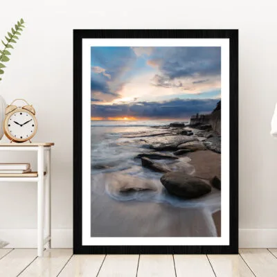 Sunrise View Of Rocky Coastline Glass Framed Wall Art, Ready to Hang Quality Print
