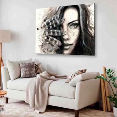 Bella Home Watercolor Girl With Feathers Print Canvas Ready to hang
