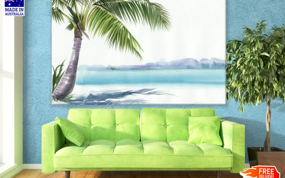 Coconut Tree in Sea Shore Painting Print 100% Australian Made