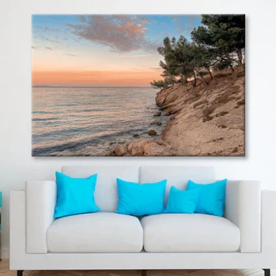 Sunset At the Sea on A Rocky Coast with Pine Trees Wall Art Decor 100% Australian Made