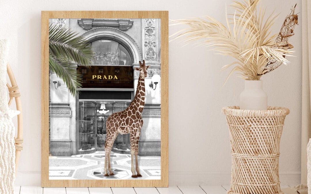 Girrafe near Fashion Store Digital Art Glass Framed Wall Art, Ready to Hang Quality Print