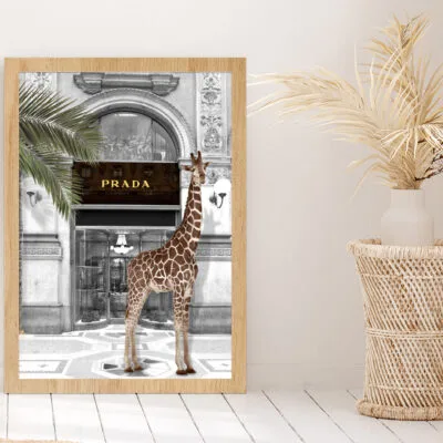 Girrafe near Fashion Store Digital Art Glass Framed Wall Art, Ready to Hang Quality Print