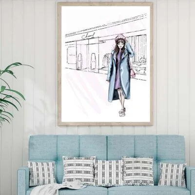 Stylish Blue Colored Girl with Fashion Store Design Home Decor Premium Quality Poster Print Choose Your Sizes