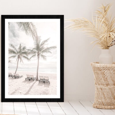 Palm Trees & Beach Chairs near Beach Glass Framed Wall Art, Ready to Hang Quality Print