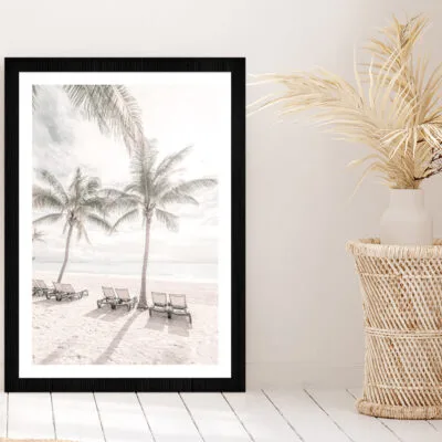 Palm Trees & Beach Chairs near Beach Glass Framed Wall Art, Ready to Hang Quality Print