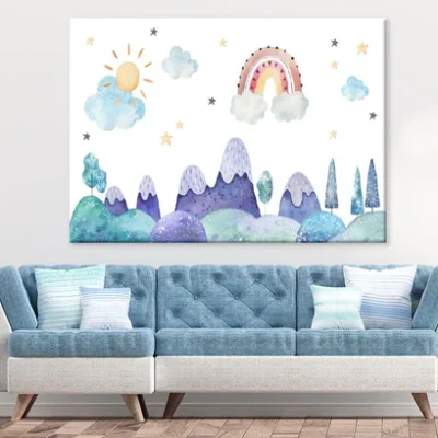 Mountains Sky & Sun with Stars Watercolor Painting Nursery & Kids Print 100% Australian Made