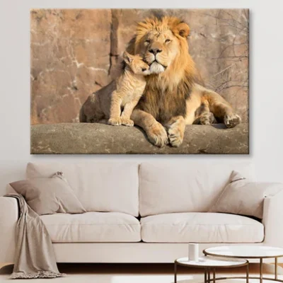 Male African Lion Is Cuddled by His Cub Wall Art Decor 100% Australian Made