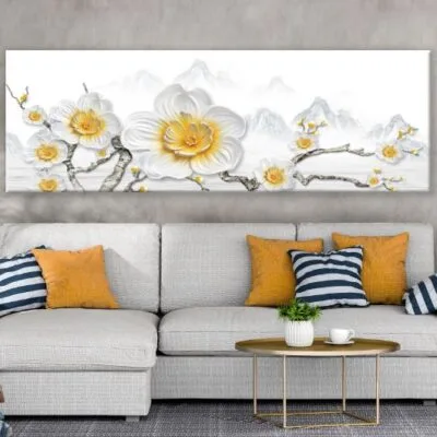 Panoramic Canvas 3D Gold & White Floral Design High Quality 100% Australian Made Wall Canvas Print Ready to Hang