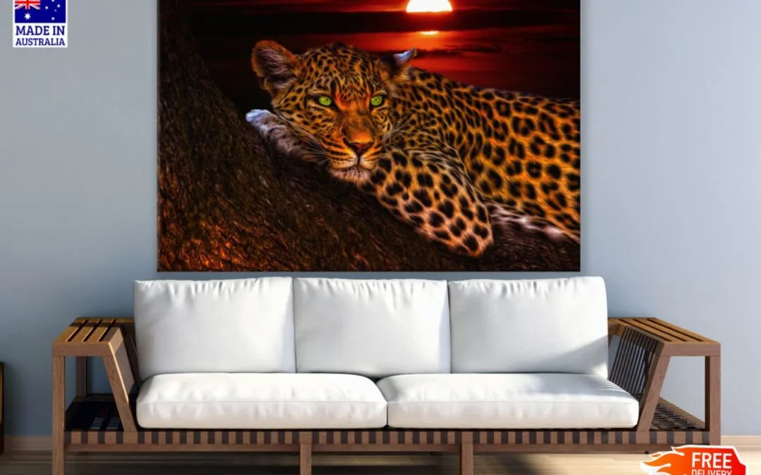 Leopard on a Tree Sunset View Print 100% Australian Made