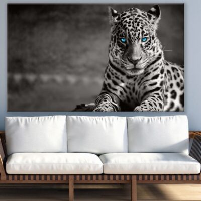Leopard with Blue Eyes B&W View Print 100% Australian Made