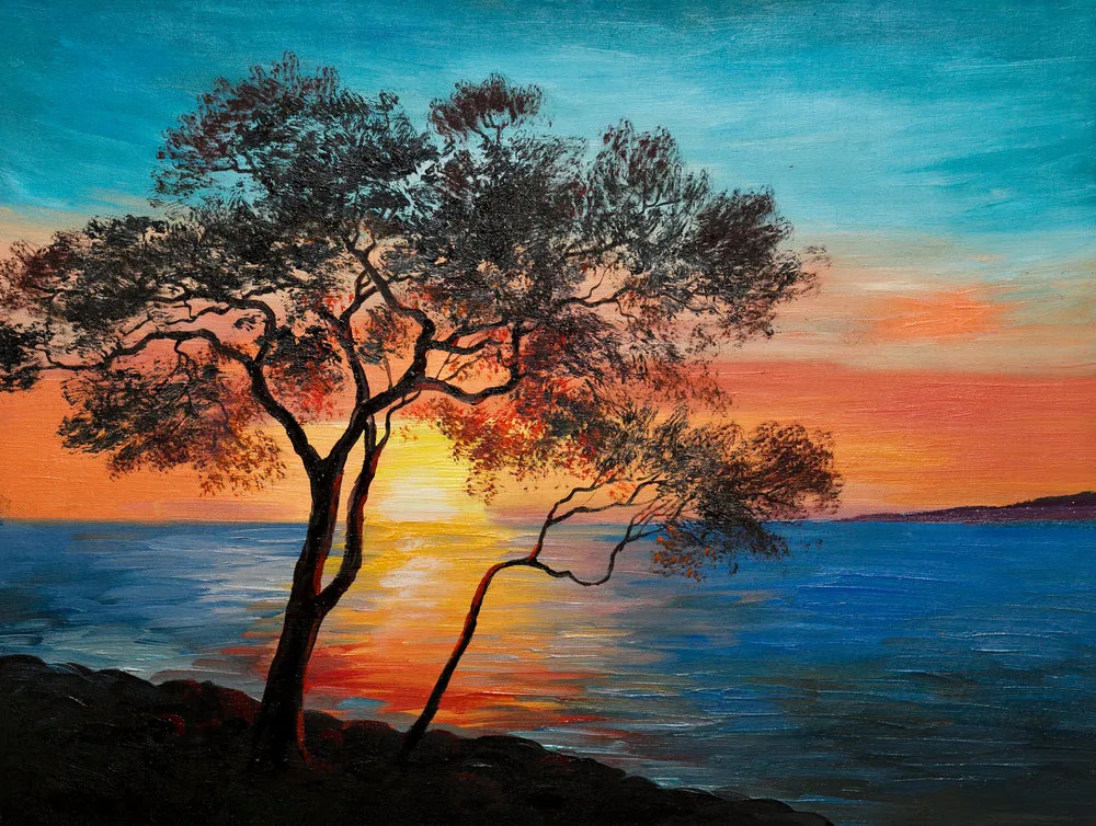 Tree Near Beach Sunset Painting Print 100% Australian Made - Image 2
