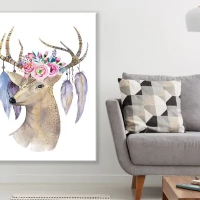 Deer with a Floral Headdress & Feathers Watercolor Painting Print 100% Australian Made