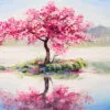 Single Cherry Bloosm Tree in a Lake Painting Print 100% Australian Made - Image 2