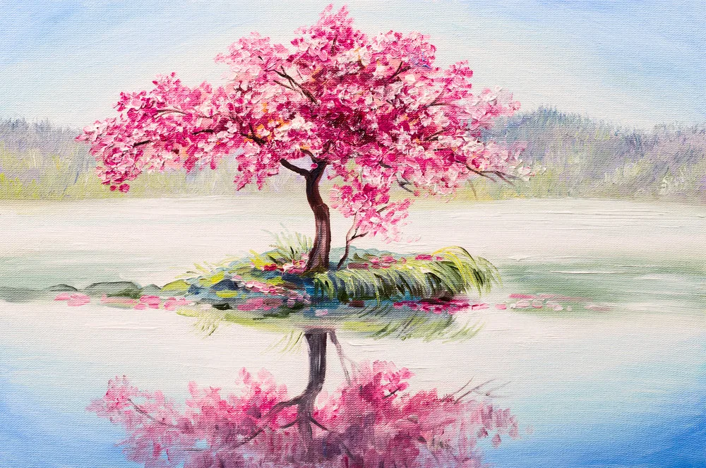 Single Cherry Bloosm Tree in a Lake Painting Print 100% Australian Made - Image 2