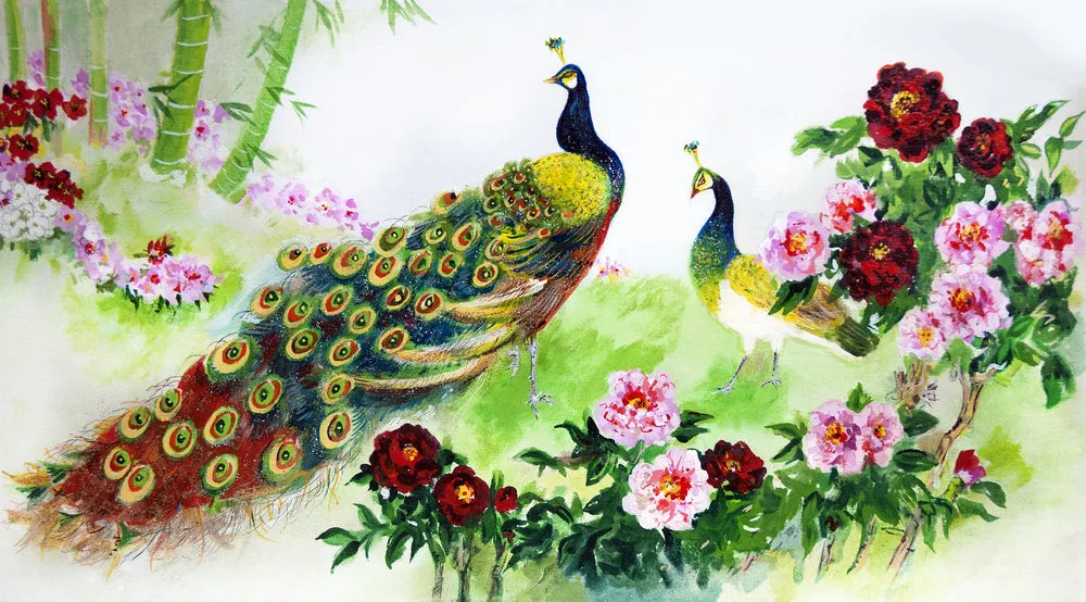 Peacocks & Flower Garden Painting Print 100% Australian Made - Image 2