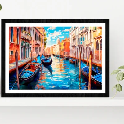 Boats With City Of Venice Painting Glass Framed Wall Art, Ready to Hang Quality Print